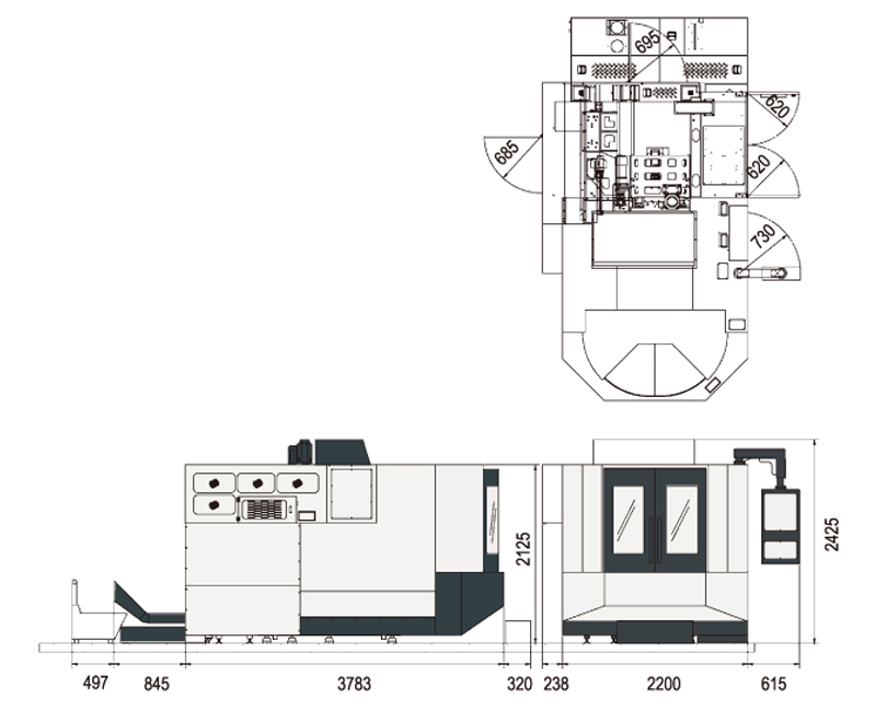 Horizontal CNC Machining Centre - Pinnacle LH500B - Floor Space Diagram