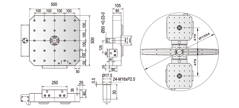 Horizontal CNC Machining Centre - Pinnacle LH500B - Table Size Diagram