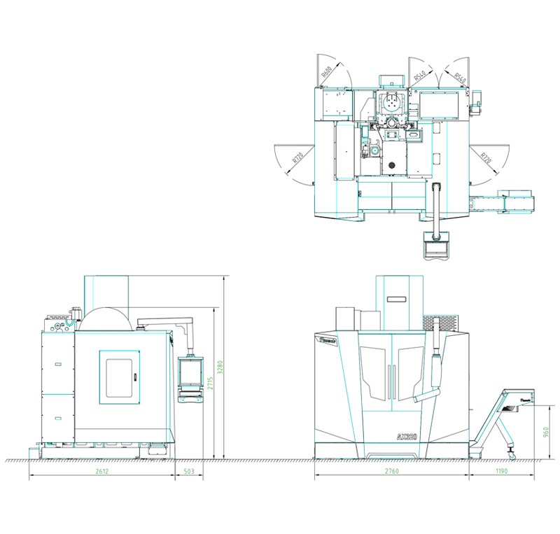 Trunion 5 Axis CNC Machining Centre - Pinnacle AX320 - Floor Space Dimensions