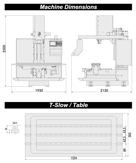 CNC Milling Centre and Milling Machine - Pinnacle B3KCNC - Machine Dimensions and T-Slow / Table Diagram
