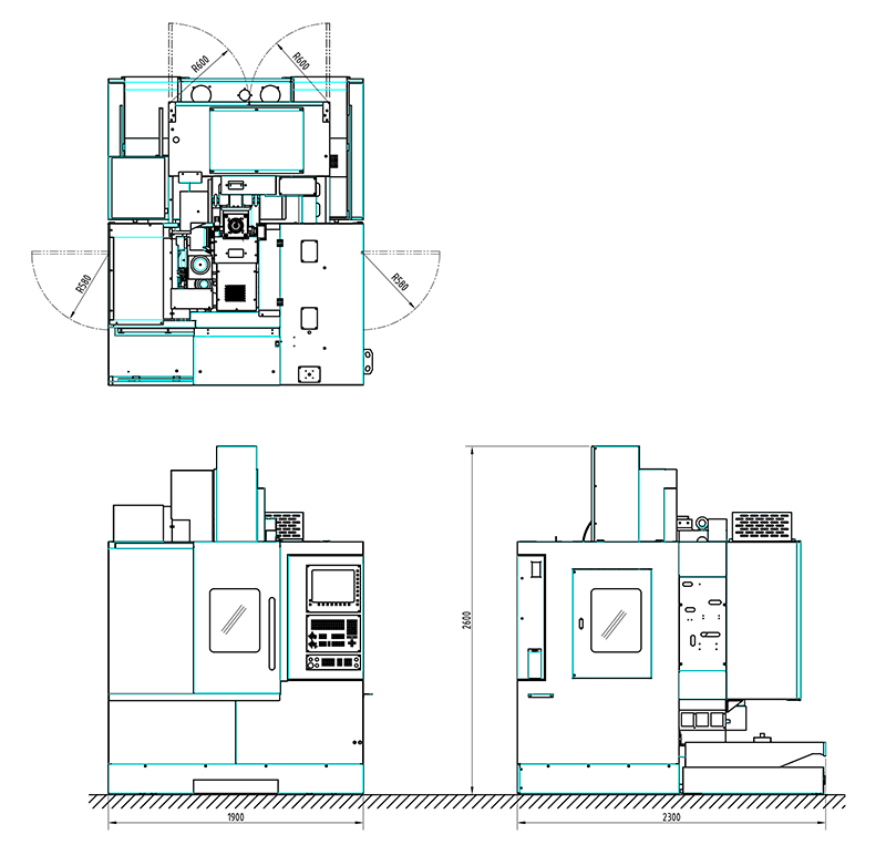 Trunion 5 Axis CNC Machining Centre - Pinnacle AX170 - Floor Space Diagram