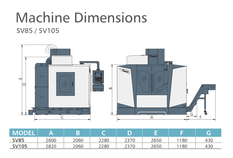   Box Guide Way Vertical CNC Machining Centre - Pinnacle SV85 & SV105 Machine Dimensions Chart