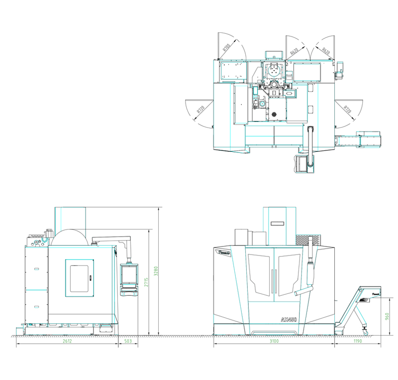 Trunion 5 Axis CNC Machining Centre - Pinnacle AX450 - Floor Space Diagram
